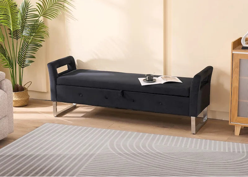 67,91Banc de rangement large en velours doux avec accoudoirs pour salon, entrée et chambre à coucher