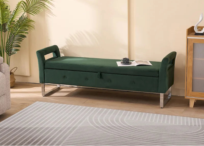67,91Banc de rangement large en velours doux avec accoudoirs pour salon, entrée et chambre à coucher