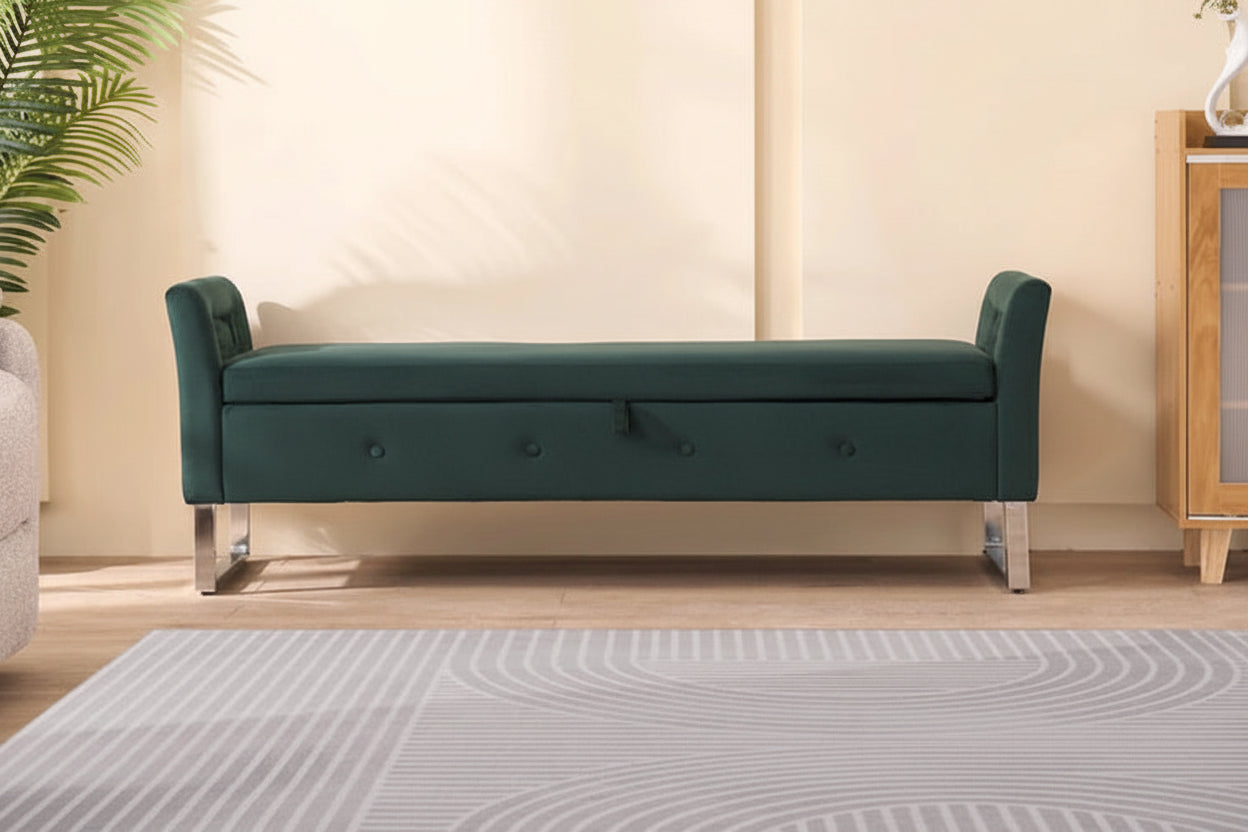 67,91Banc de rangement large en velours doux avec accoudoirs pour salon, entrée et chambre à coucher