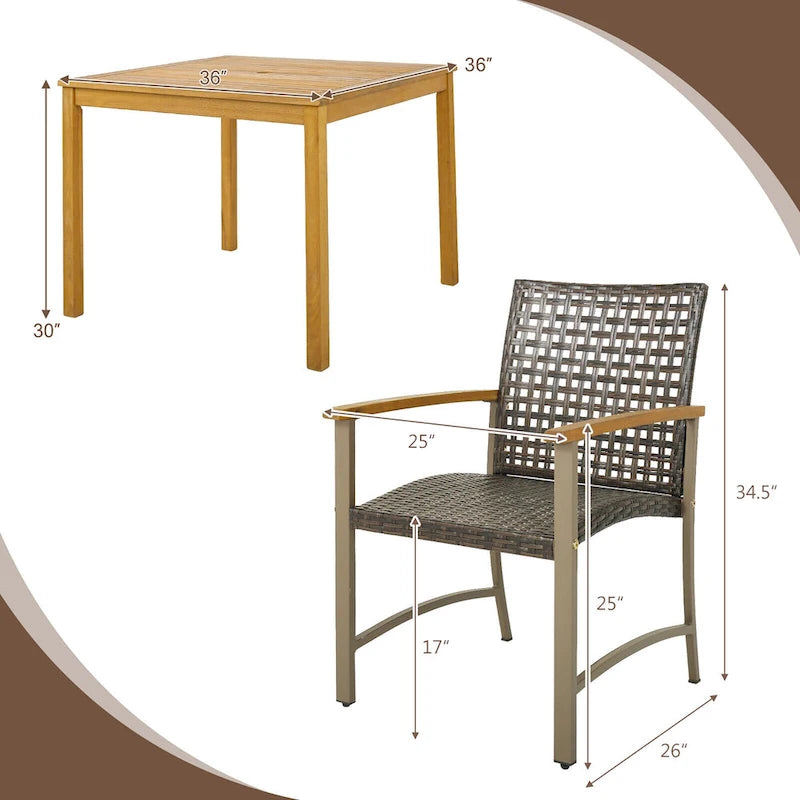 Ensemble de salle à manger de jardin 5 pièces avec table en bois d'acacia et trou pour parasol de 1,9 po