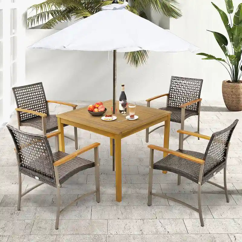 Ensemble de salle à manger de jardin 5 pièces avec table en bois d'acacia et trou pour parasol de 1,9 po