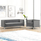Ensemble de 2 pièces modernes : un fauteuil et un canapé en velours hollandais gris, pieds en fer