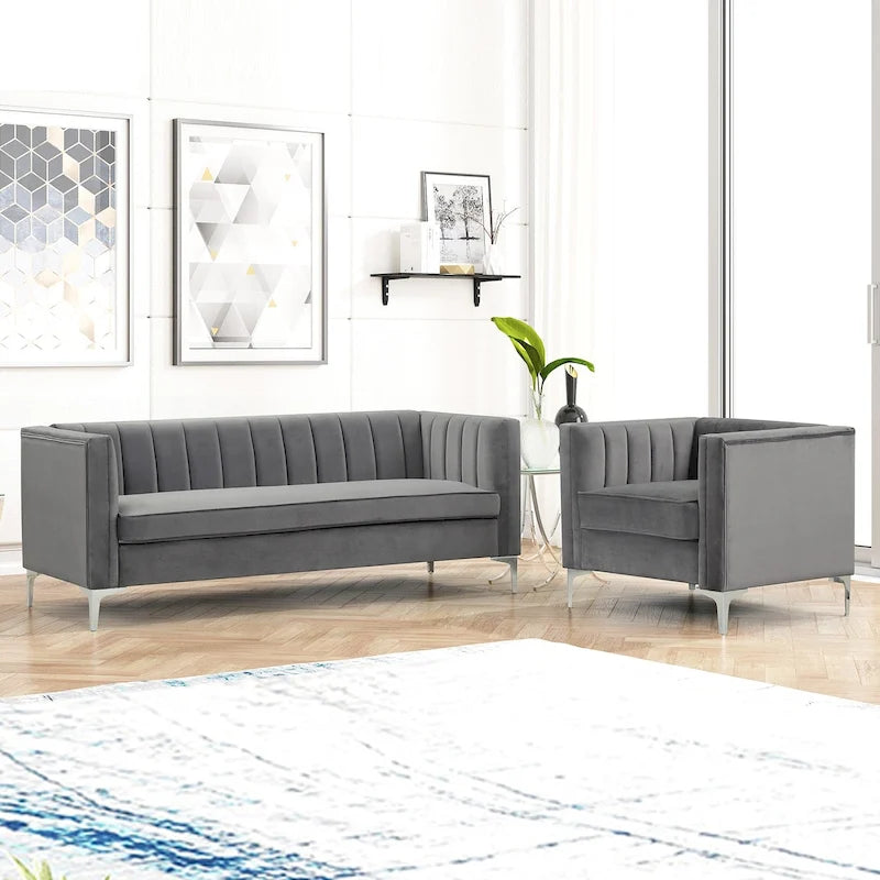 Ensemble de 2 pièces modernes : un fauteuil et un canapé en velours hollandais gris, pieds en fer