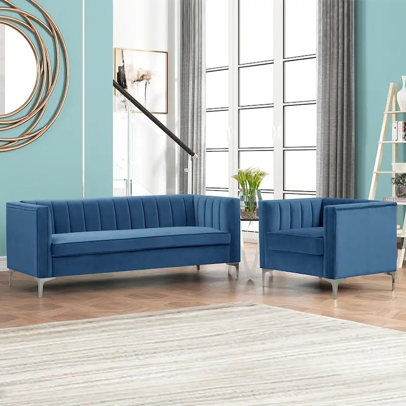 Ensemble de 2 pièces modernes : un fauteuil et un canapé en velours hollandais gris, pieds en fer