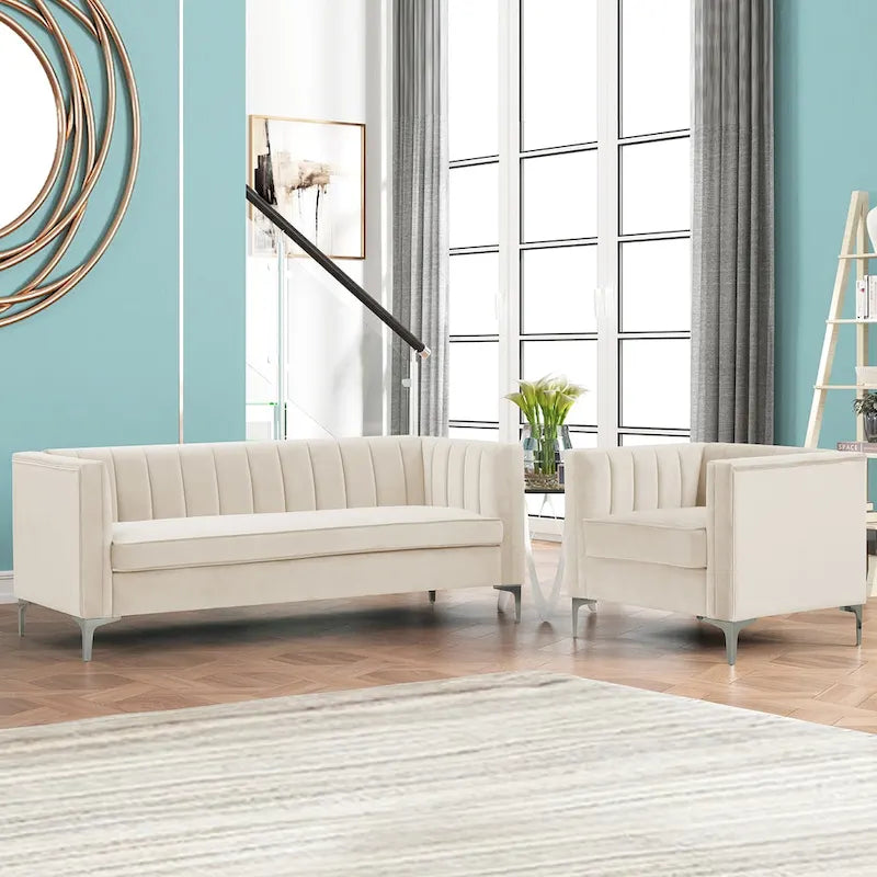 Ensemble de 2 pièces modernes : un fauteuil et un canapé en velours hollandais gris, pieds en fer