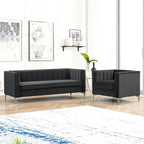 Ensemble de 2 pièces modernes : un fauteuil et un canapé en velours hollandais gris, pieds en fer