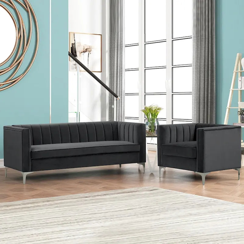 Ensemble de 2 pièces modernes : un fauteuil et un canapé en velours hollandais gris, pieds en fer
