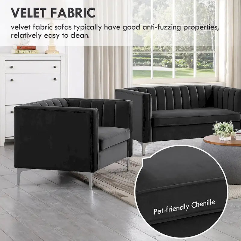 Ensemble de 2 pièces modernes : un fauteuil et un canapé en velours hollandais gris, pieds en fer