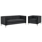 Ensemble de 2 pièces modernes : un fauteuil et un canapé en velours hollandais gris, pieds en fer