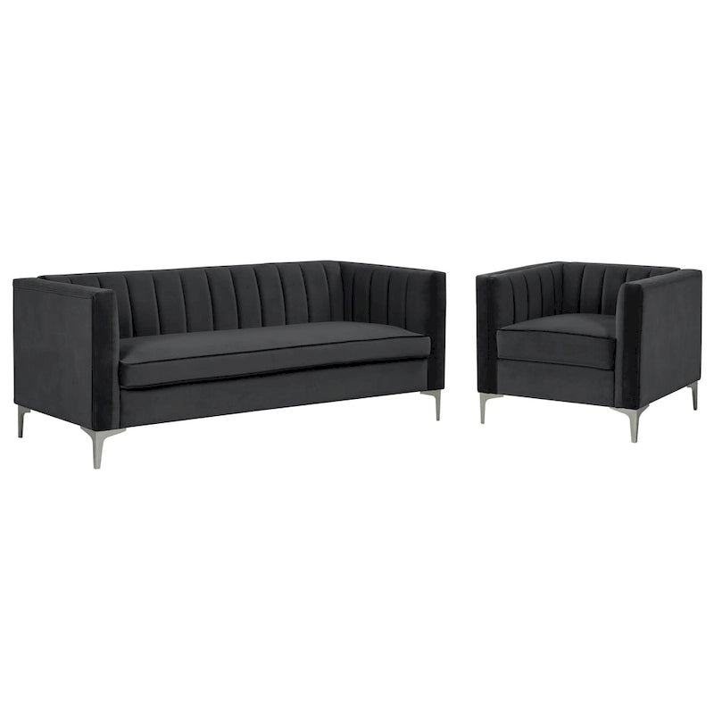Ensemble de 2 pièces modernes : un fauteuil et un canapé en velours hollandais gris, pieds en fer
