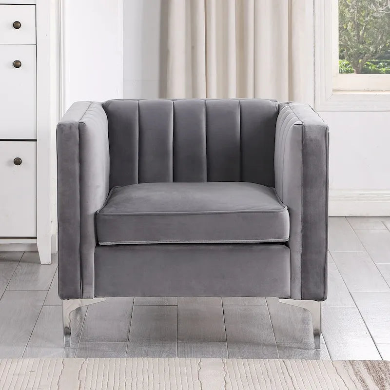 Ensemble de 2 pièces modernes : un fauteuil et un canapé en velours hollandais gris, pieds en fer