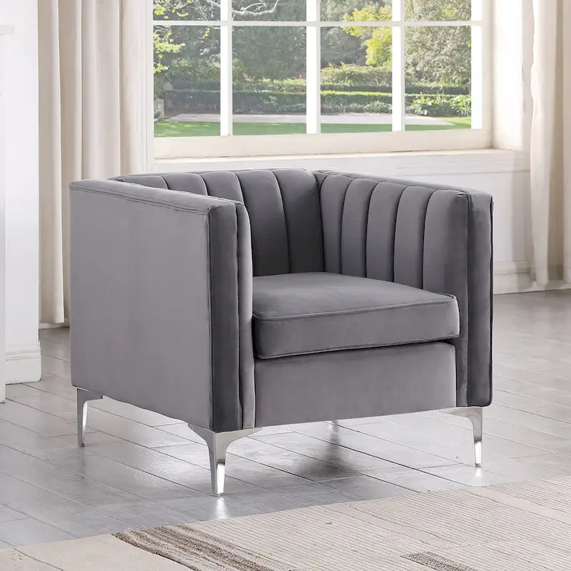 Ensemble de 2 pièces modernes : un fauteuil et un canapé en velours hollandais gris, pieds en fer