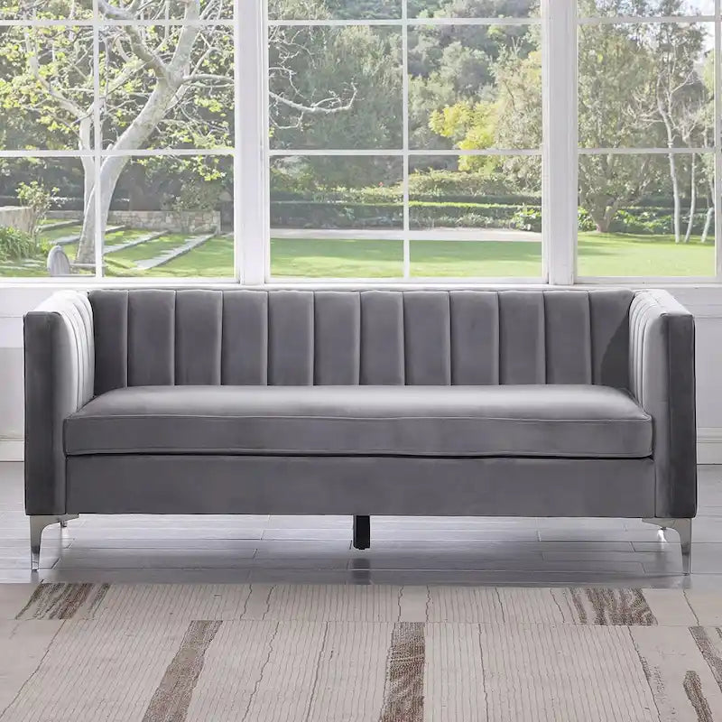 Ensemble de 2 pièces modernes : un fauteuil et un canapé en velours hollandais gris, pieds en fer