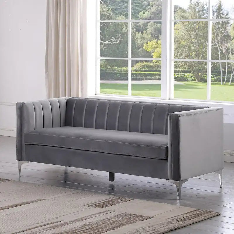 Ensemble de 2 pièces modernes : un fauteuil et un canapé en velours hollandais gris, pieds en fer