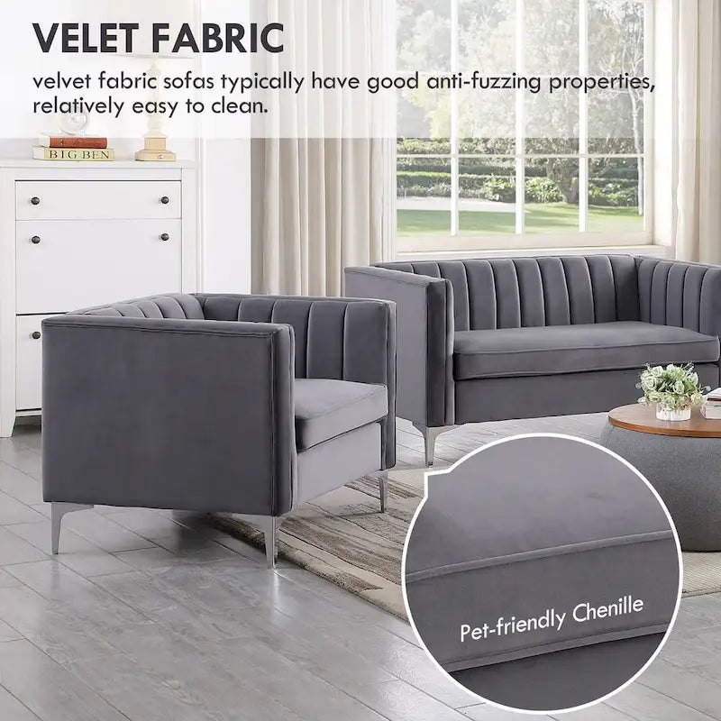 Ensemble de 2 pièces modernes : un fauteuil et un canapé en velours hollandais gris, pieds en fer