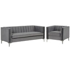 Ensemble de 2 pièces modernes : un fauteuil et un canapé en velours hollandais gris, pieds en fer