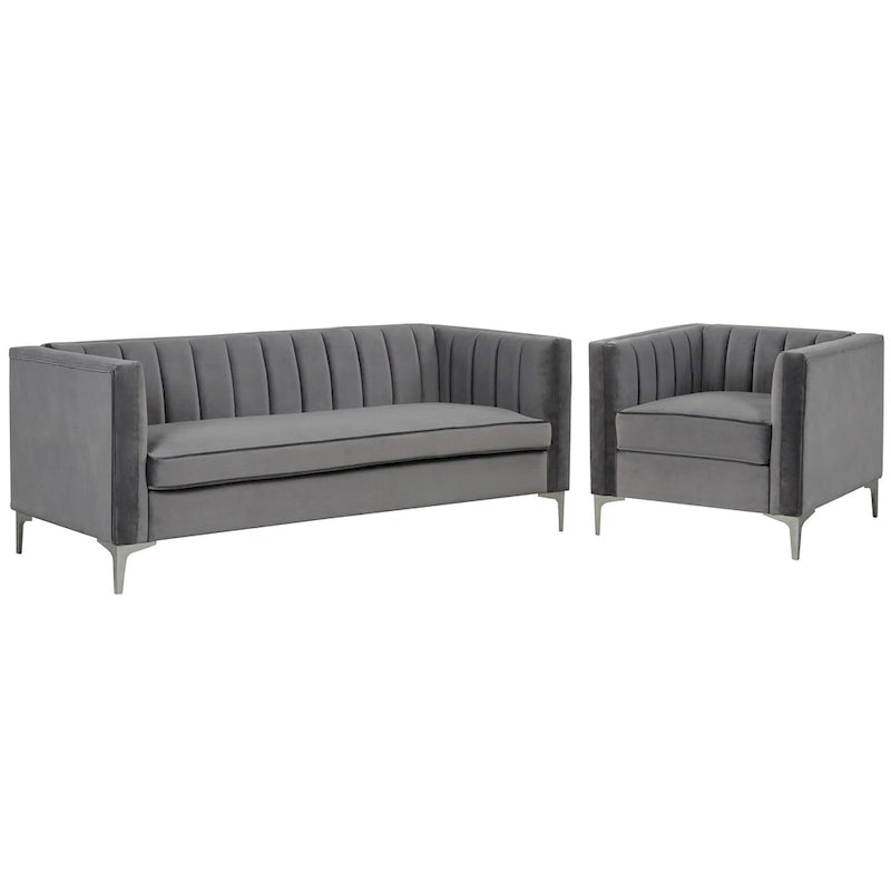 Ensemble de 2 pièces modernes : un fauteuil et un canapé en velours hollandais gris, pieds en fer