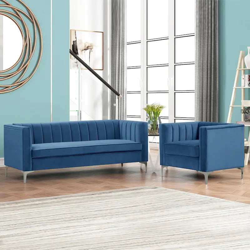 Ensemble de 2 pièces modernes : un fauteuil et un canapé en velours hollandais gris, pieds en fer