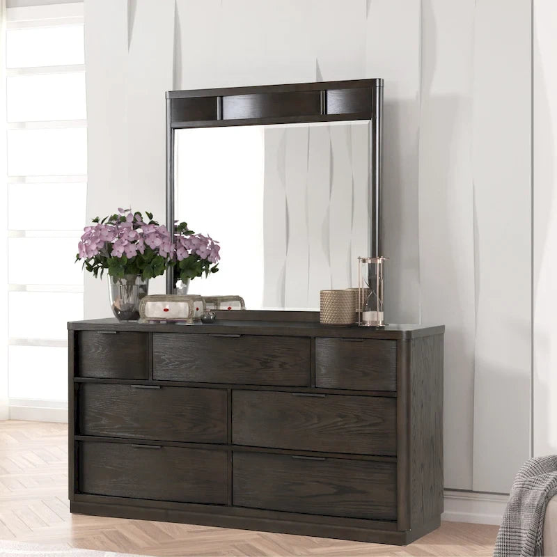Ensemble de chambre en bois, lit, commode, miroir, deux tables de chevet et chiffonnier, Espresso