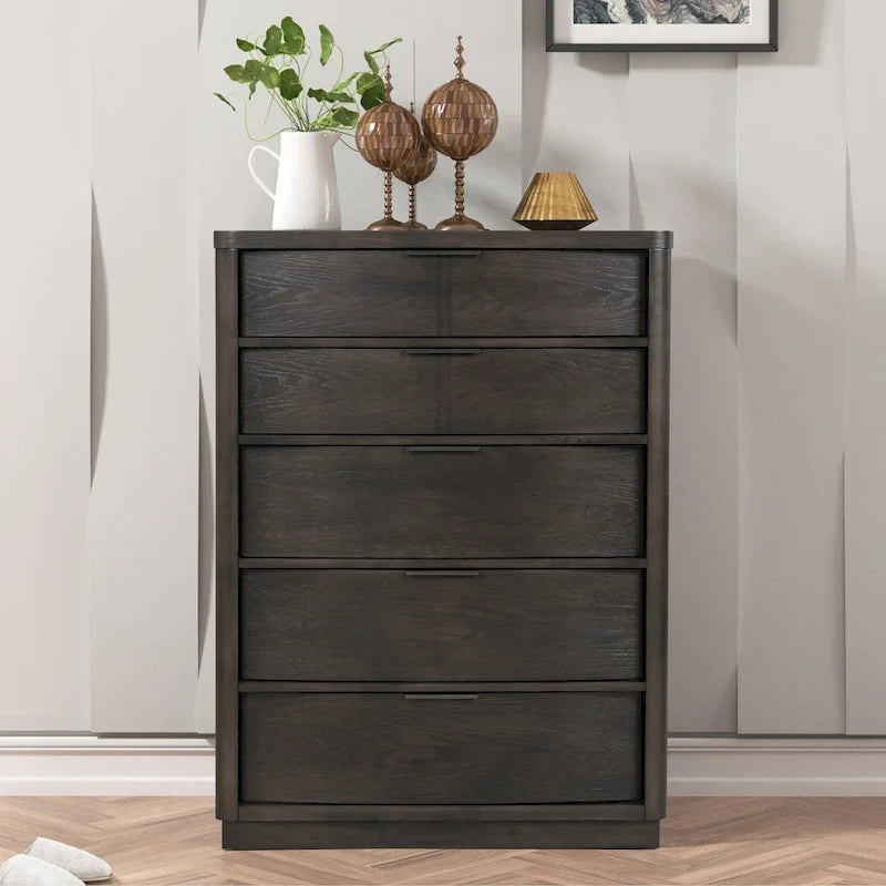 Ensemble de chambre en bois, lit, commode, miroir, deux tables de chevet et chiffonnier, Espresso
