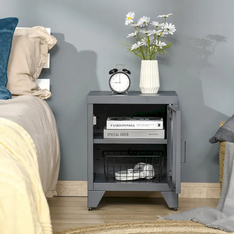 Table d'appoint industrielle, table basse avec porte de style casier et étagère réglable - 40x40x50 cm