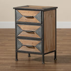 Table d'appoint à 3 tiroirs en métal gris antique et bois de chêne blanchi, style industriel rustique