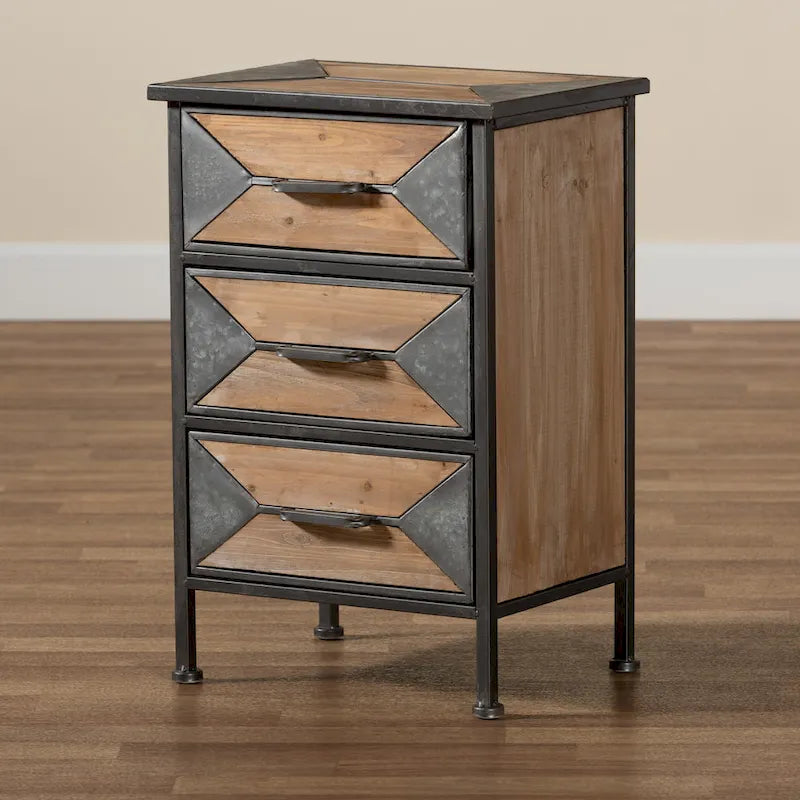 Table d'appoint à 3 tiroirs en métal gris antique et bois de chêne blanchi, style industriel rustique