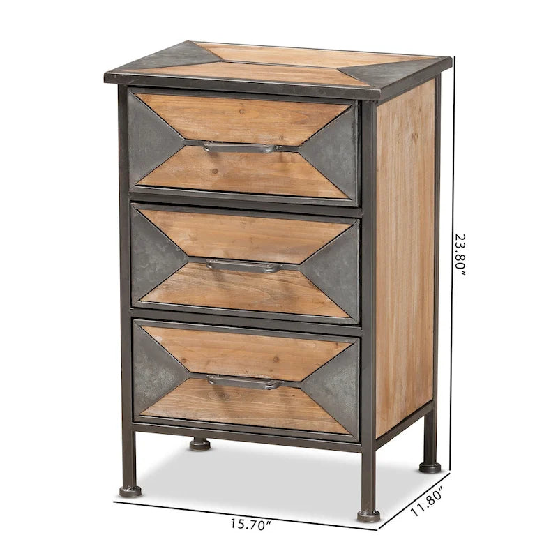 Table d'appoint à 3 tiroirs en métal gris antique et bois de chêne blanchi, style industriel rustique
