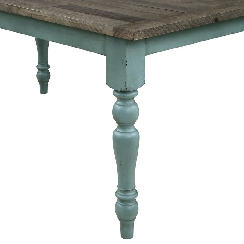 Table à manger en bois avec finition bicolore bleu et marron