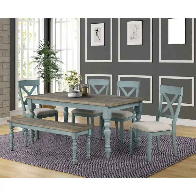 Table à manger en bois avec finition bicolore bleu et marron