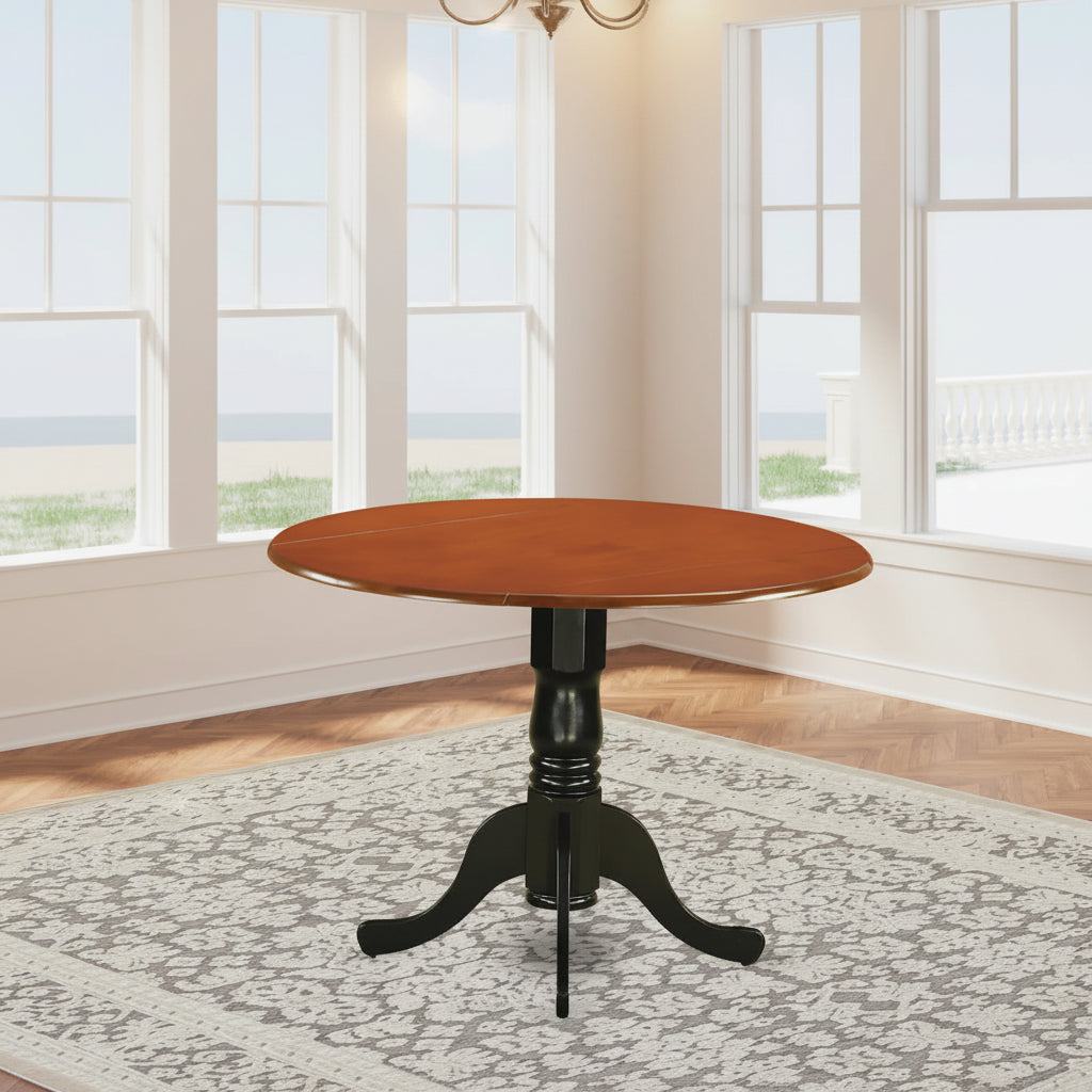 East West Furniture Dublin Kitchen Dining Table - a Round Wooden Table Top with Dropleaf & Pedestal Base, (Finish Options)