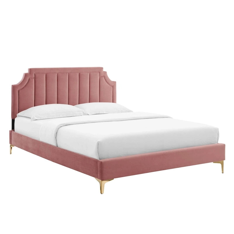 Lit plate-forme Queen en velours performant