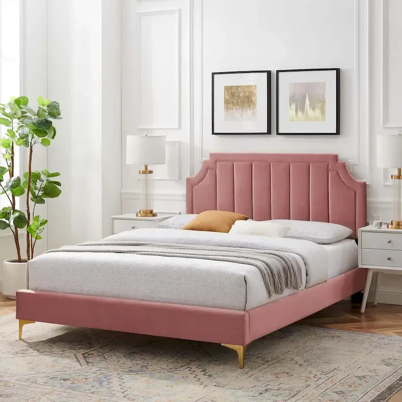 Lit plate-forme Queen en velours performant