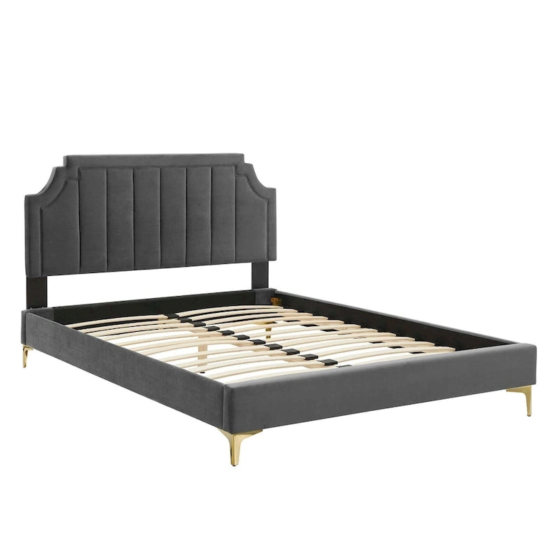 Lit plate-forme Queen en velours performant