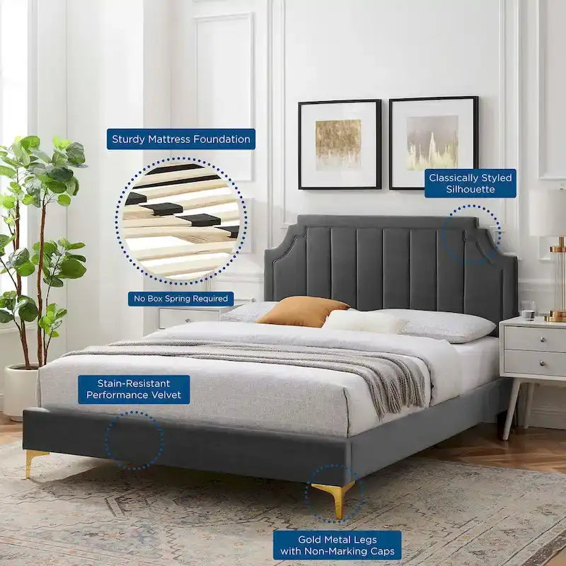 Lit plate-forme Queen en velours performant