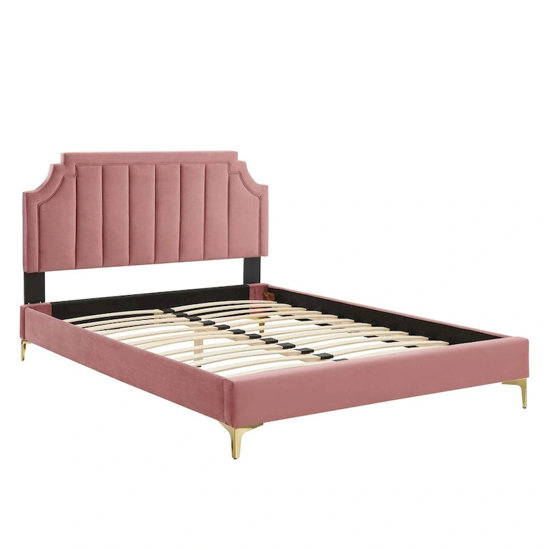 Lit plate-forme Queen en velours performant