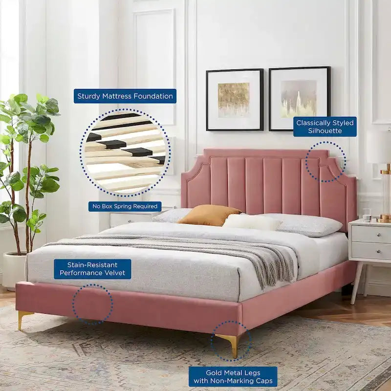 Lit plate-forme Queen en velours performant