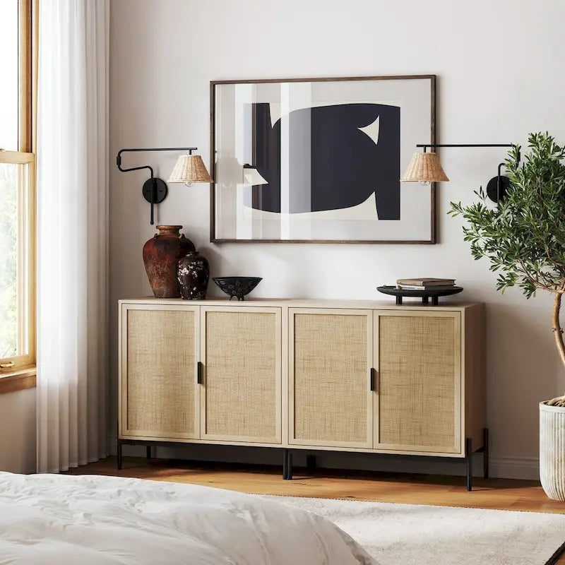Meuble de rangement bohème pour entrée ou buffet de cuisine, meuble TV ou meuble d'appoint en rotin avec pieds en métal