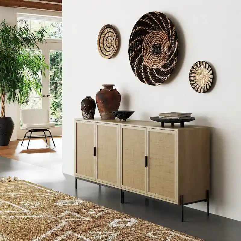 Meuble de rangement bohème pour entrée ou buffet de cuisine, meuble TV ou meuble d'appoint en rotin avec pieds en métal
