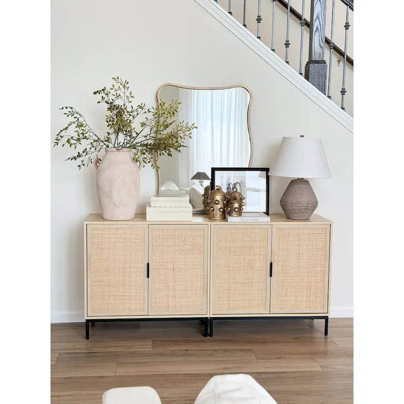 Meuble de rangement bohème pour entrée ou buffet de cuisine, meuble TV ou meuble d'appoint en rotin avec pieds en métal