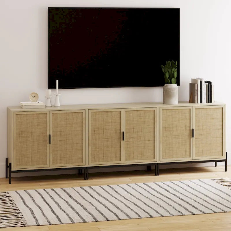 Meuble de rangement bohème pour entrée ou buffet de cuisine, meuble TV ou meuble d'appoint en rotin avec pieds en métal