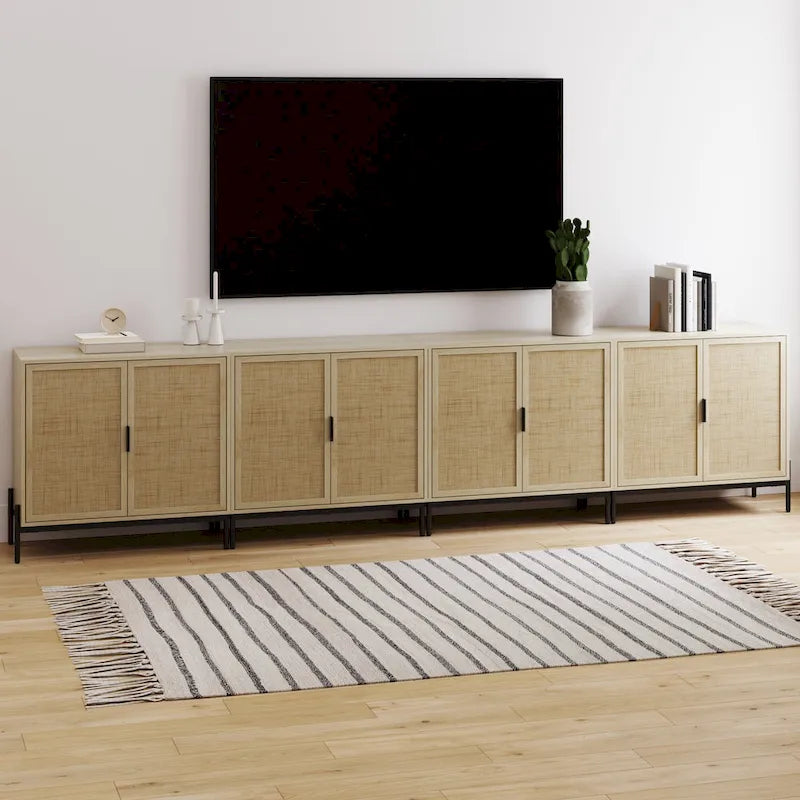 Meuble de rangement bohème pour entrée ou buffet de cuisine, meuble TV ou meuble d'appoint en rotin avec pieds en métal