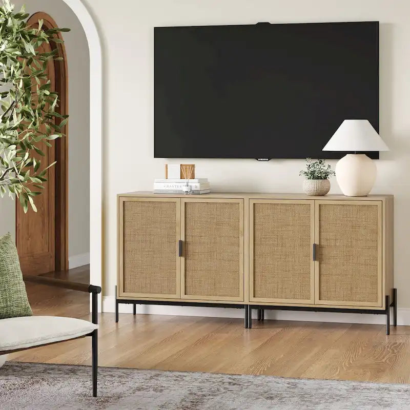 Meuble de rangement bohème pour entrée ou buffet de cuisine, meuble TV ou meuble d'appoint en rotin avec pieds en métal