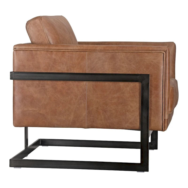 Fauteuil club industriel en cuir cappuccino et fer